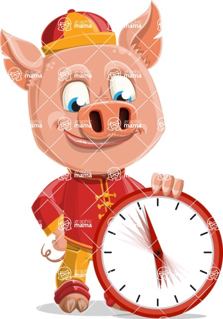 Year of the Pig Character - Vector Pig Cartoon - Year of the Pig Vector Character with Clock